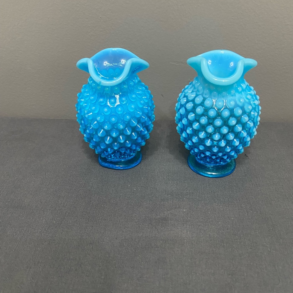 Vintage FENTON Blue Opalescent Hobnail Mini Ruffled Vases Pair #3953 Mid-Century